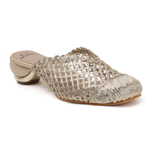 Women's Elegant Metallic Woven Mule Intricate Closed-Toe Low Heel