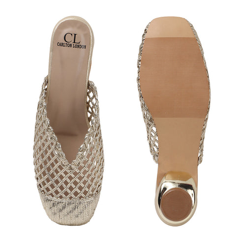Women's Elegant Metallic Woven Mule Intricate Closed-Toe Low Heel