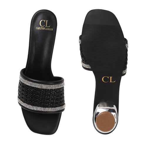 Women's Woven Rhinestone Sandal Textured Strap Low Heel