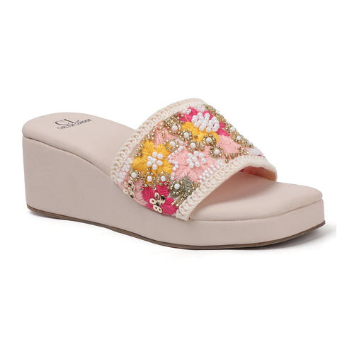 Women's Embroidered Beaded Wedge Sandal With Floral Motif