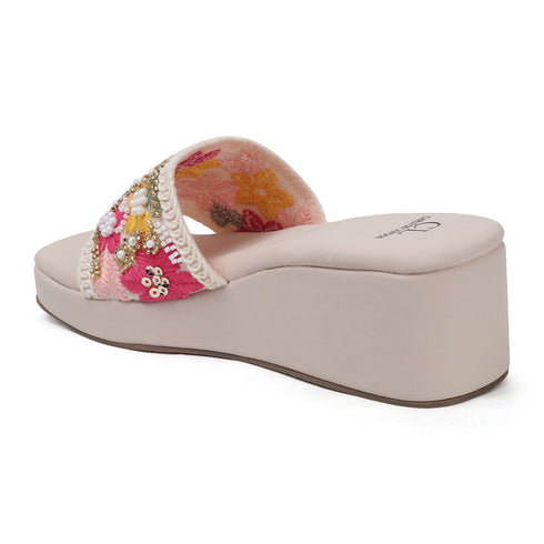 Women's Embroidered Beaded Wedge Sandal With Floral Motif