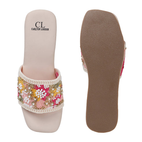 Women's Embroidered Beaded Wedge Sandal With Floral Motif