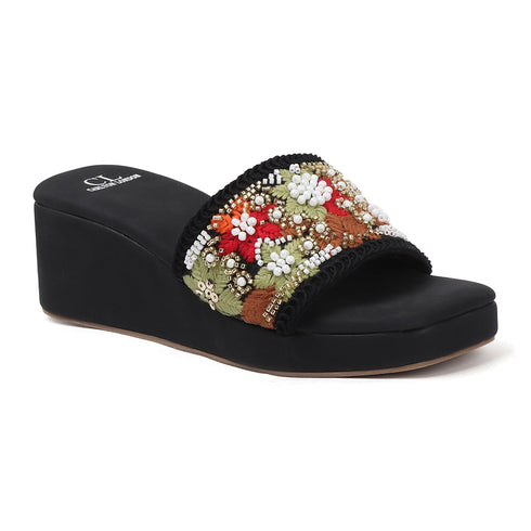 Women's Embroidered Beaded Wedge Sandal With Floral Motif
