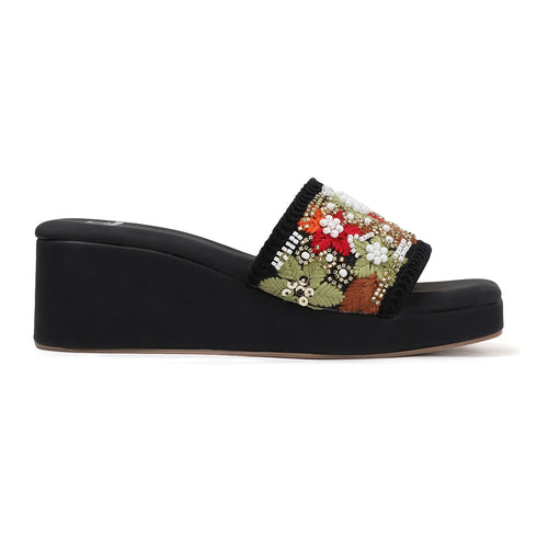Women's Embroidered Beaded Wedge Sandal With Floral Motif