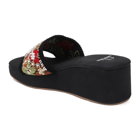 Women's Embroidered Beaded Wedge Sandal With Floral Motif
