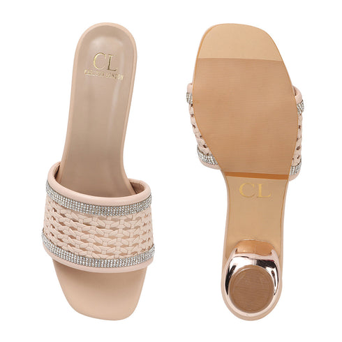 Women's Woven Rhinestone Sandal Textured Strap Low Heel