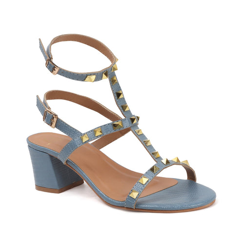 Women's Blue Textured T-Strap Sandal with Gold Studs and Block Heel