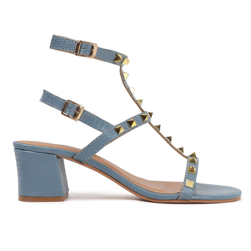 Women's Blue Textured T-Strap Sandal with Gold Studs and Block Heel
