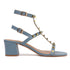 Women's Blue Textured T-Strap Sandal with Gold Studs and Block Heel