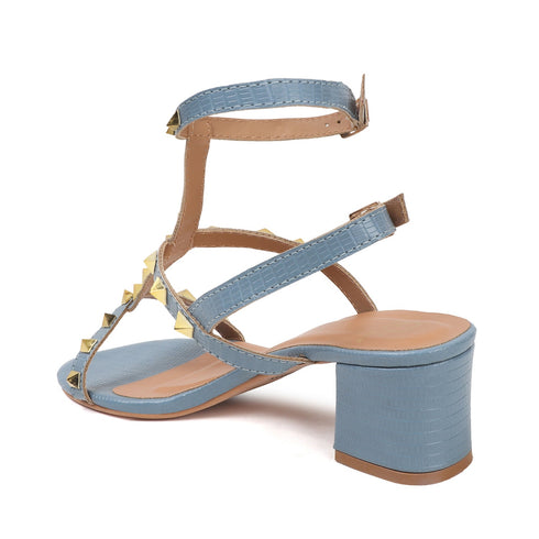 Women's Blue Textured T-Strap Sandal with Gold Studs and Block Heel