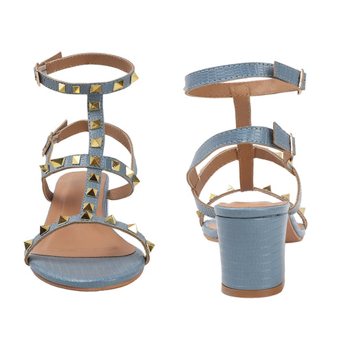 Women's Blue Textured T-Strap Sandal with Gold Studs and Block Heel
