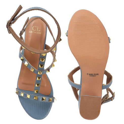 Women's Blue Textured T-Strap Sandal with Gold Studs and Block Heel