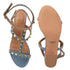Women's Blue Textured T-Strap Sandal with Gold Studs and Block Heel