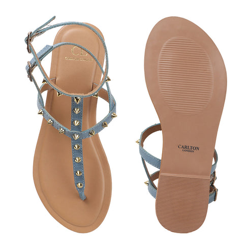 Flat Thong Women's Sandal with Gold Studs and Ankle Strap