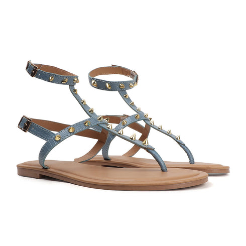 Flat Thong Women's Sandal with Gold Studs and Ankle Strap