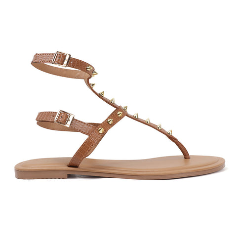 Flat Thong Women's Sandal with Gold Studs and Ankle Strap