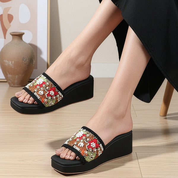 Women's Embroidered Beaded Wedge Sandal With Floral Motif