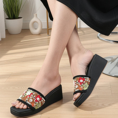 Women's Embroidered Beaded Wedge Sandal With Floral Motif