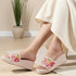 Women's Embroidered Beaded Wedge Sandal With Floral Motif
