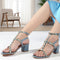 Women's Blue Textured T-Strap Sandal with Gold Studs and Block Heel
