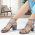 Women's Blue Textured T-Strap Sandal with Gold Studs and Block Heel