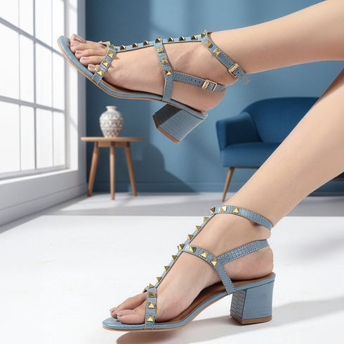 Women's Blue Textured T-Strap Sandal with Gold Studs and Block Heel