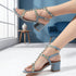 Women's Blue Textured T-Strap Sandal with Gold Studs and Block Heel