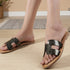 Women's Flat H-Strap Slide Sandals with Gold Metallic Speckle