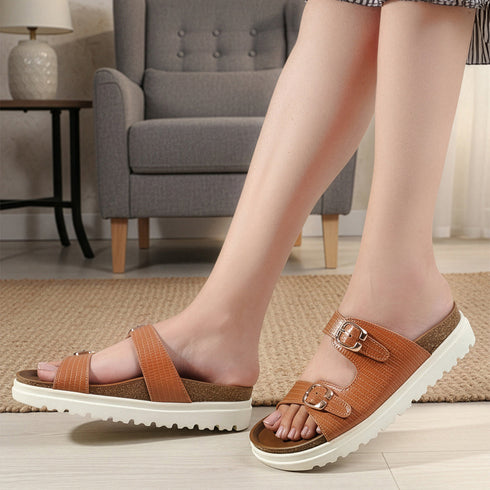 Women's Textured Tan Platform Buckle Slide Sandals