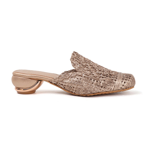 Women's Metallic Woven Slip-On Mule Intricate Pattern Low Heel