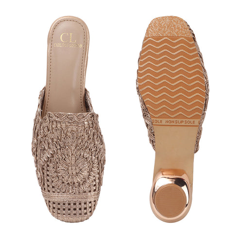 Women's Metallic Woven Slip-On Mule Intricate Pattern Low Heel