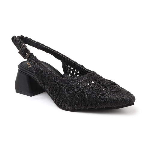 Women's Woven Textured Slingback Pump Pointed Toe Block Heel