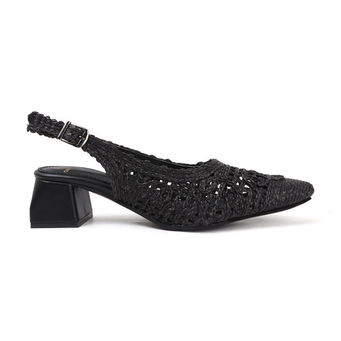 Women's Woven Textured Slingback Pump Pointed Toe Block Heel