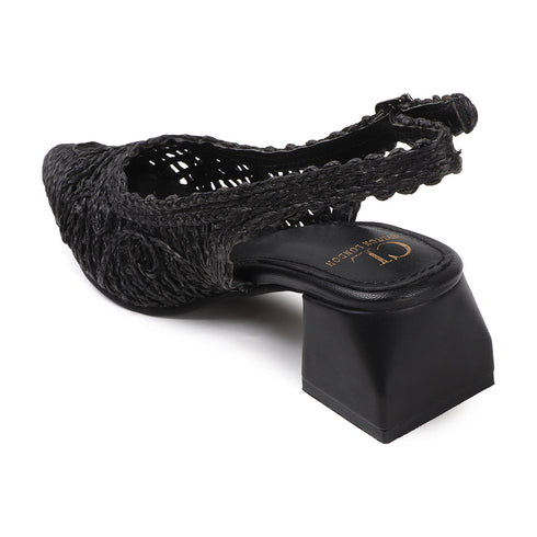 Women's Woven Textured Slingback Pump Pointed Toe Block Heel