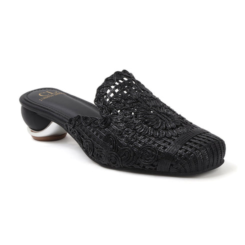 Women's Metallic Woven Slip-On Mule Intricate Pattern Low Heel