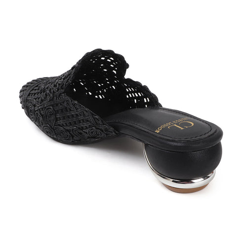 Women's Metallic Woven Slip-On Mule Intricate Pattern Low Heel