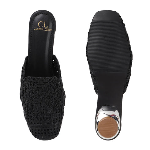 Women's Metallic Woven Slip-On Mule Intricate Pattern Low Heel
