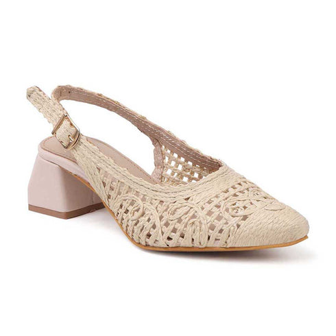 Women's Woven Textured Slingback Pump Pointed Toe Block Heel