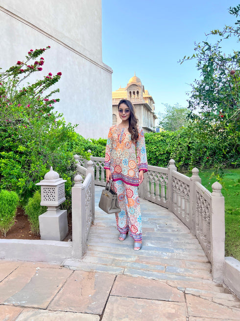 Shivani Girdhar in Samma Chikankari Co-ord Set in Polysilk for Women- Orange multicolour Print