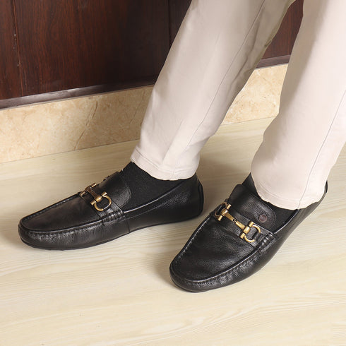 Men's Premium Leather Slip-On Loafers with Metal Buckle
