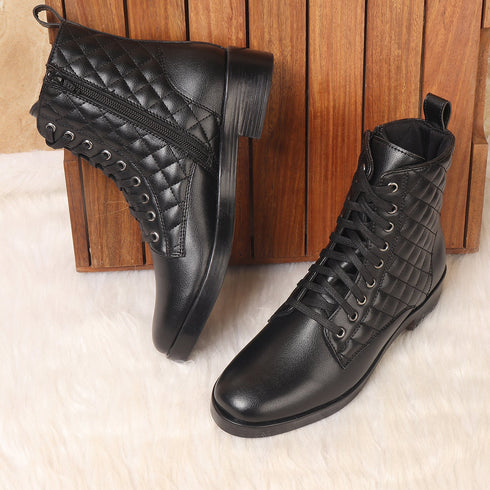 Women's Chic Quilted Ankle Combat Boot with Lace-Up Closure