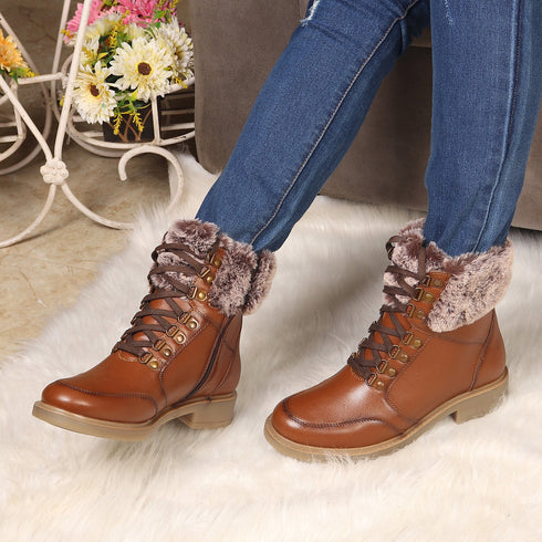 Women's Cozy Hiker Style Ankle Boot with Faux Fur Collar