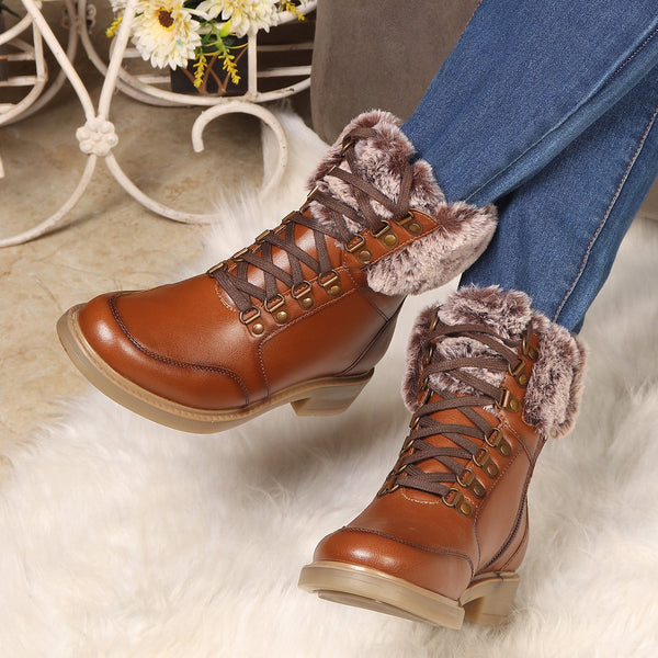 Women's Cozy Hiker Style Ankle Boot with Faux Fur Collar