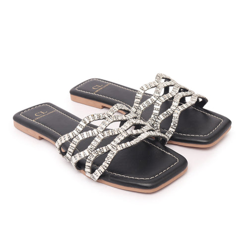 Women's Rhinestone Embellished Woven-Strap Slides