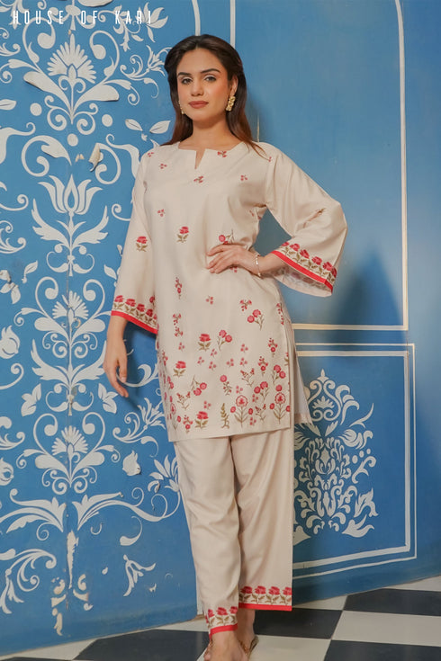 Printkari Poly Muslin Co-ord set in Off White Red