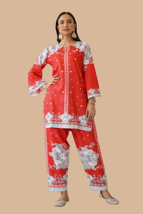 Printkari Poly Muslin Co-ord set in Red