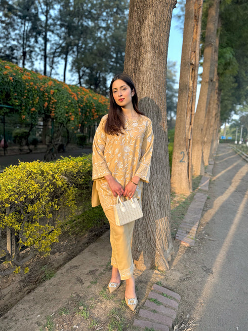 Vanshita in Kashmiri Aari Work Cotton Kurta Set - Beige With White