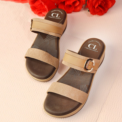 Women's Beige Double Strap Slip-On Comfort Sandals