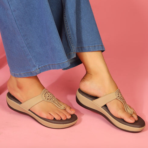 Women's Beige Embellished Comfortable Wedge Sandal
