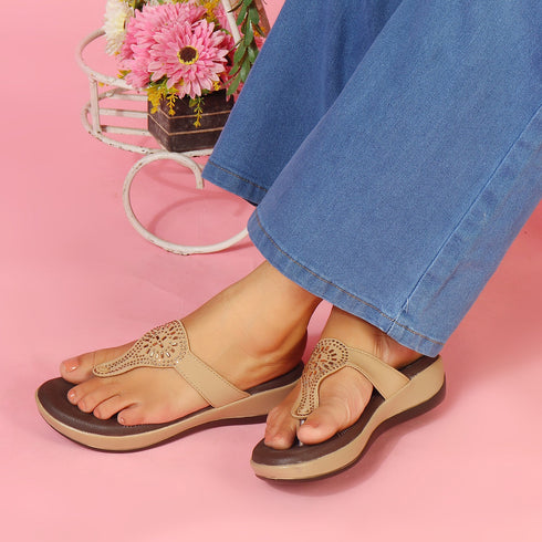 Women's Beige Embellished Comfortable Wedge Sandal